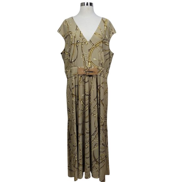 Lauren Ralph Lauren Chain Link Print Maxi Dress Size 18 Belted V-Neck Chic - Picture 1 of 13